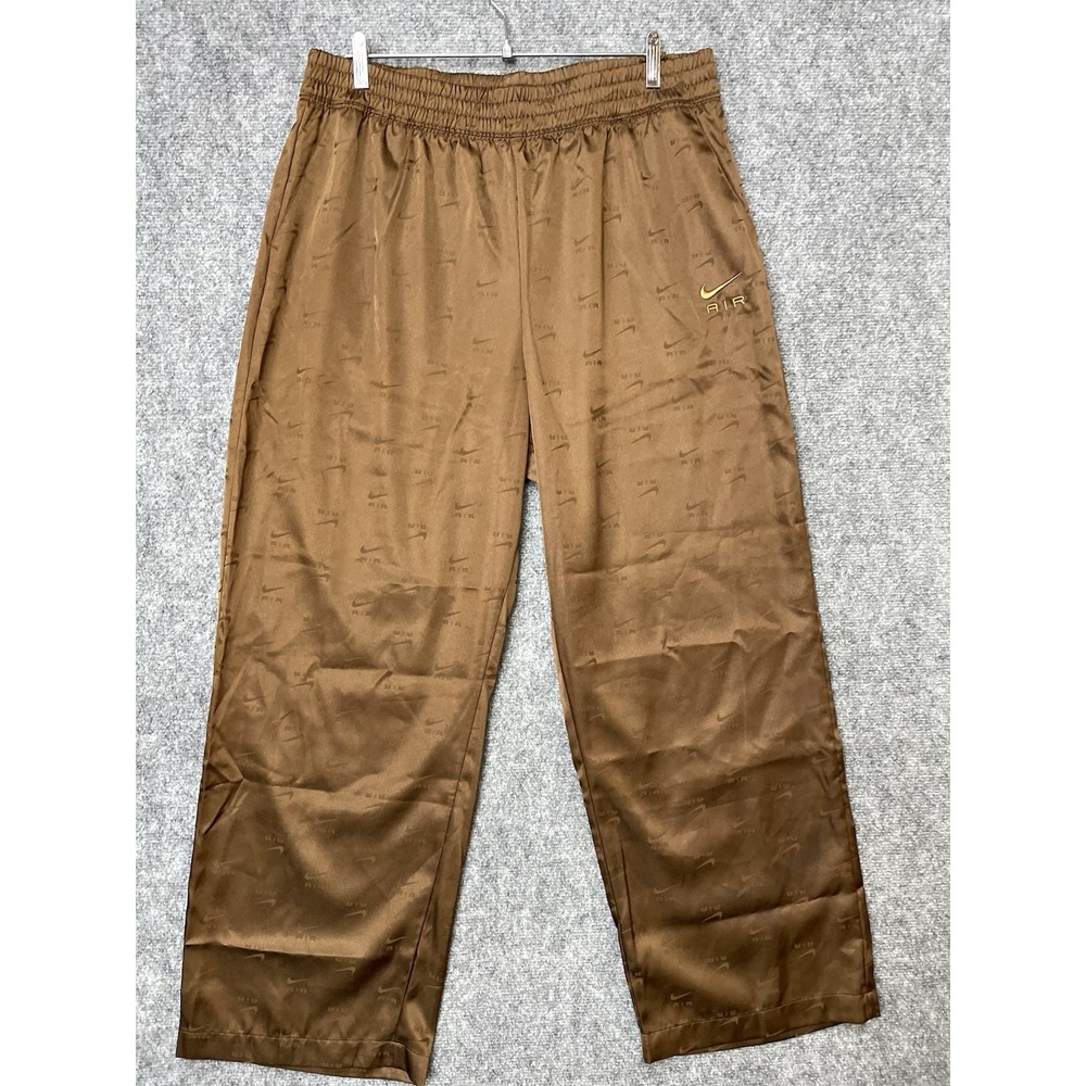 Nike Air Satin Track Pants Wide Leg Baggy All Over Print Bronze Brown Womens XL